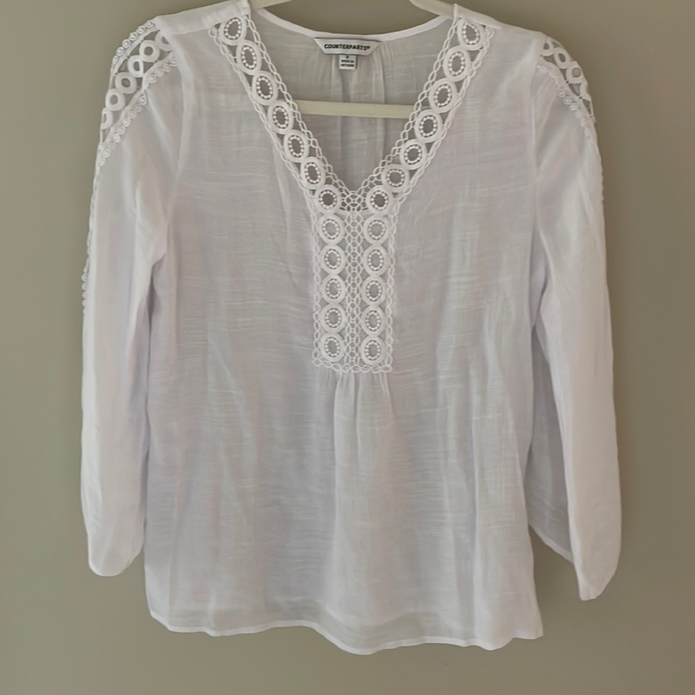 Counterparts Women Lightweight White Gauzey Blouse Shirt Cruise Wear Lace Trim S